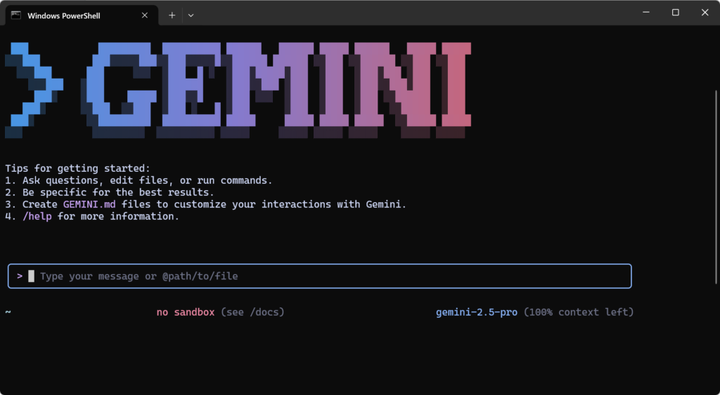 GeminiCLIの初期起動画面
